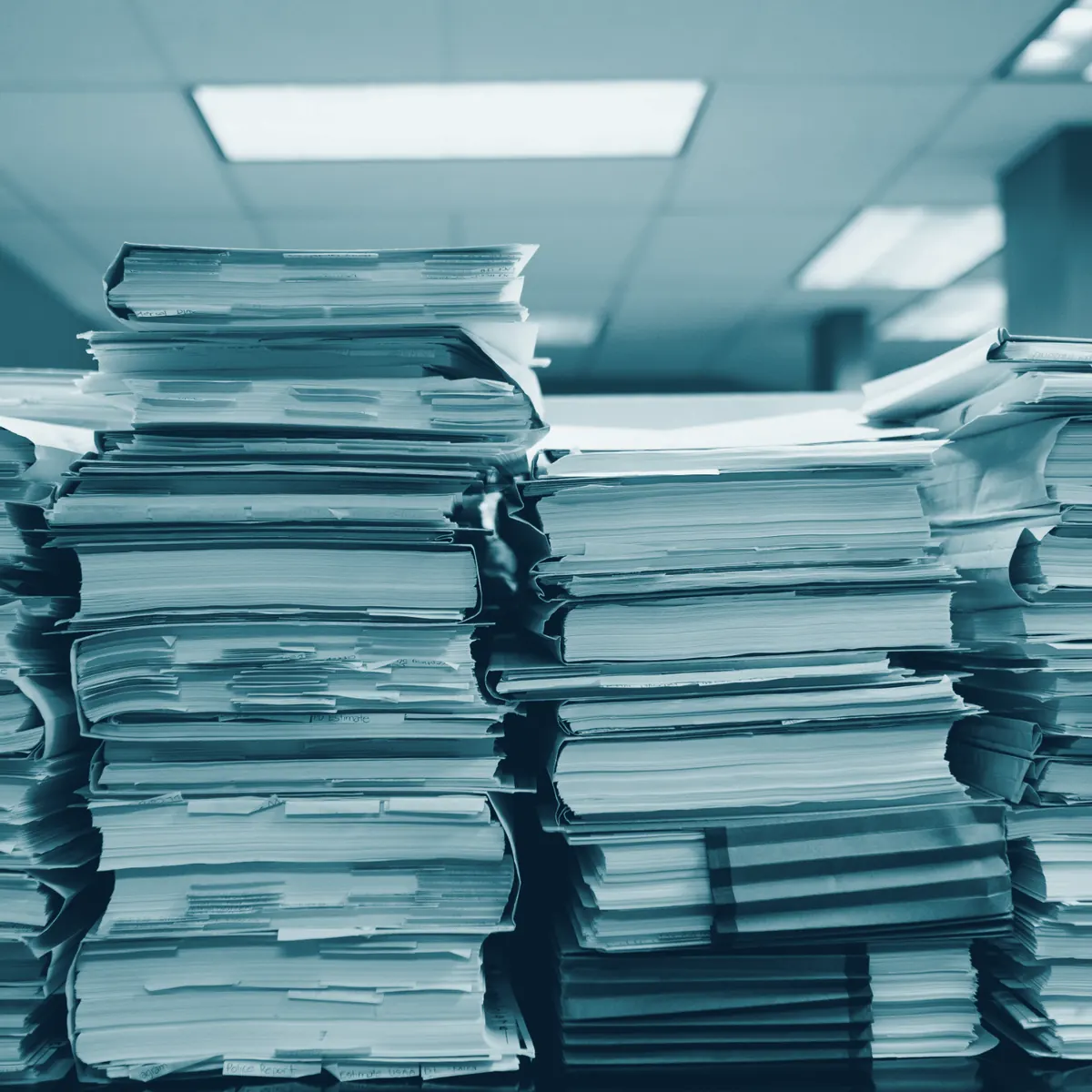 Pilhas de processos em análise num escritório